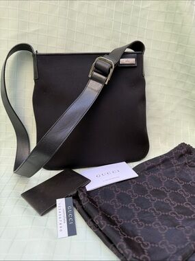 Gucci Black Nylon Messenger Bag with Silver Logo Plaque with dust bag